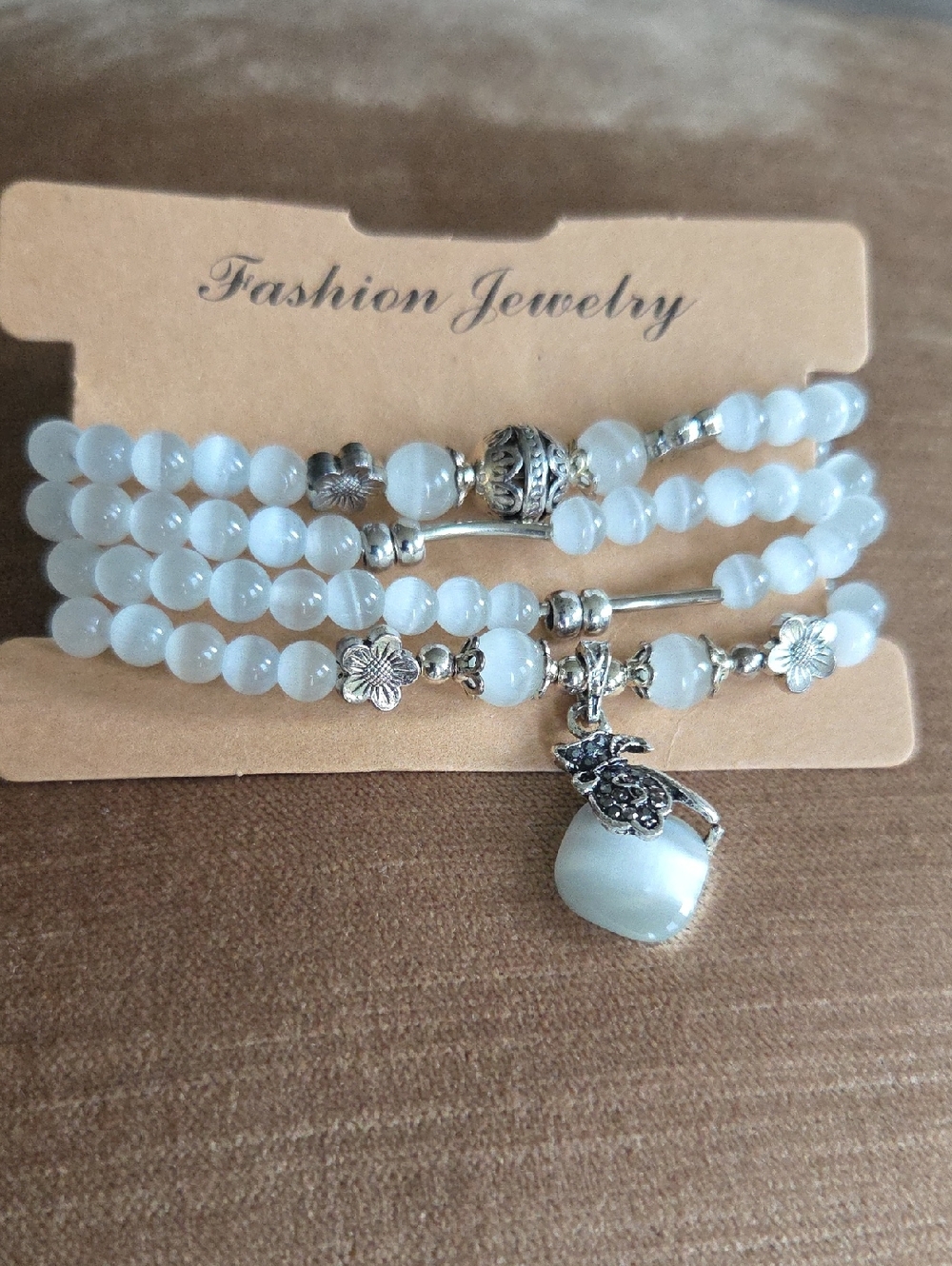 Fashion Jewelry White Beaded Multi-Strand Charm Bracelet with Silver Accents